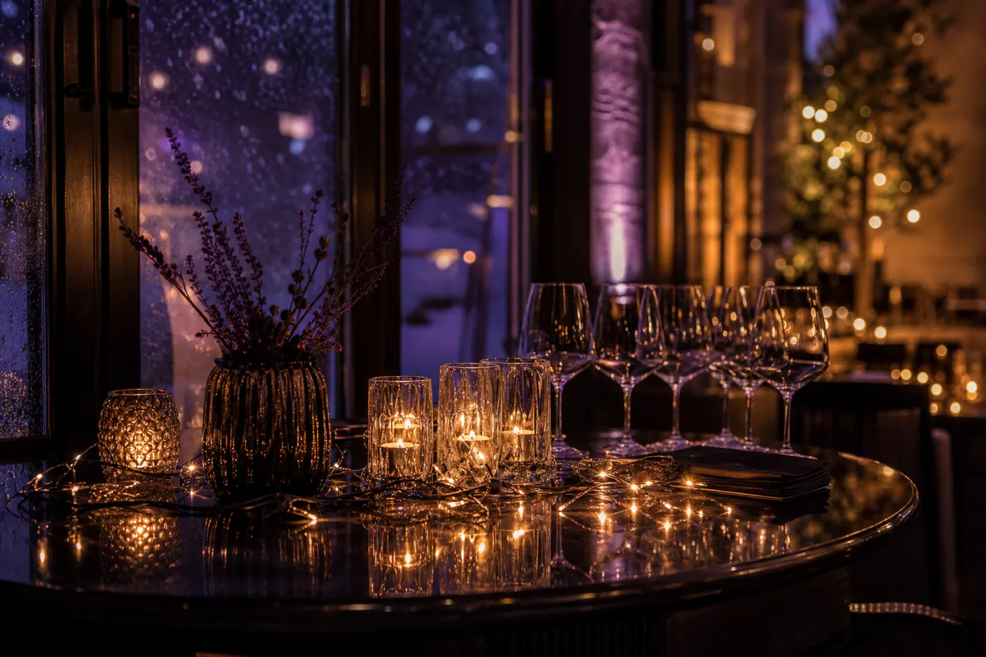 A cosy winter cocktail table under string lights
